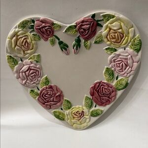 Heart Shaped Art Floral Ceramic Plaque Pink, Rose  Yellow 10 1/2 In Portugal
